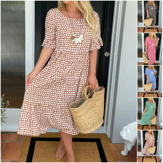 👗 Polka dot print midi dress with round neck