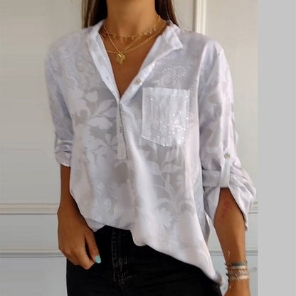 Women's Casual Lapel Print Adjustable Sleeve Top 