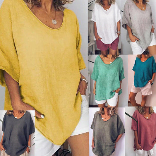 Women's Summer Plus Size V Neck Solid Color T-shirt