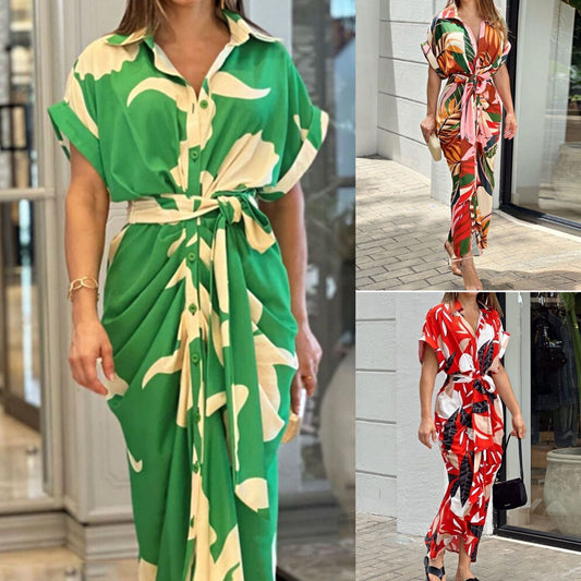 🌸Casual Lapel Neck Waist Printed Shirt Dress🌸（Buy 2 Free Shipping）