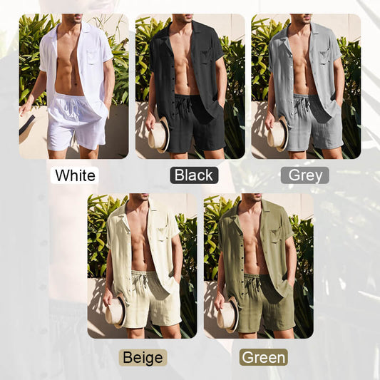 Men's linen set (short sleeve + shorts)?Buy 2 sets free shipping?