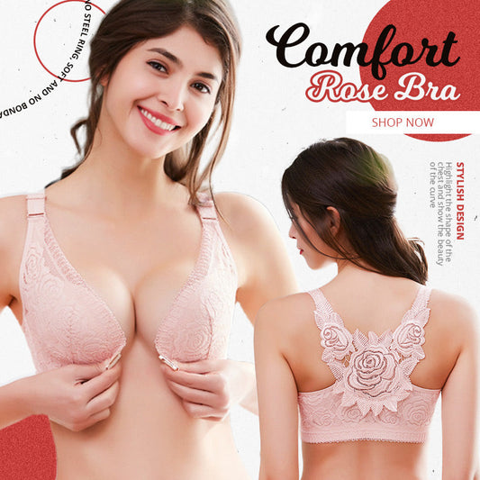 Comfortable Experience-- FitMe Rose Embroidery Front Closure Wirefree Bra 