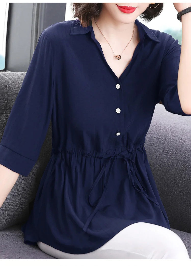 Women’s loose V neck mid-length shirt