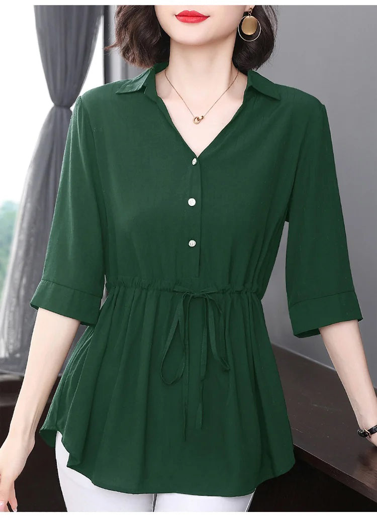 Women’s loose V neck mid-length shirt