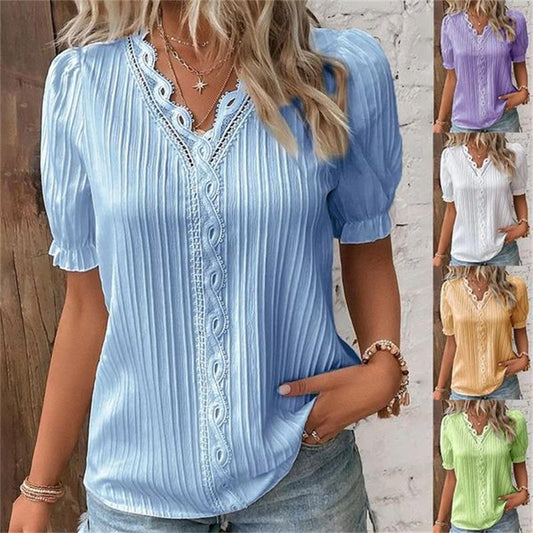 V Neck Lace Plain Elegant Shirt - Buy 2 Free Shipping 