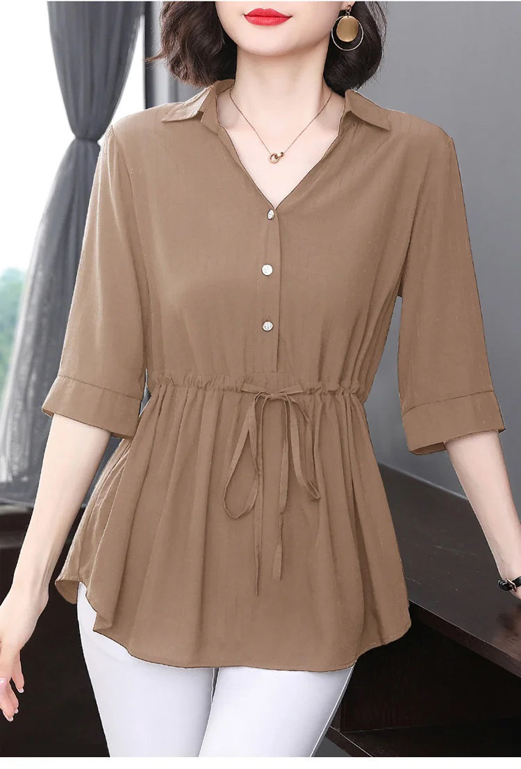 Women’s loose V neck mid-length shirt