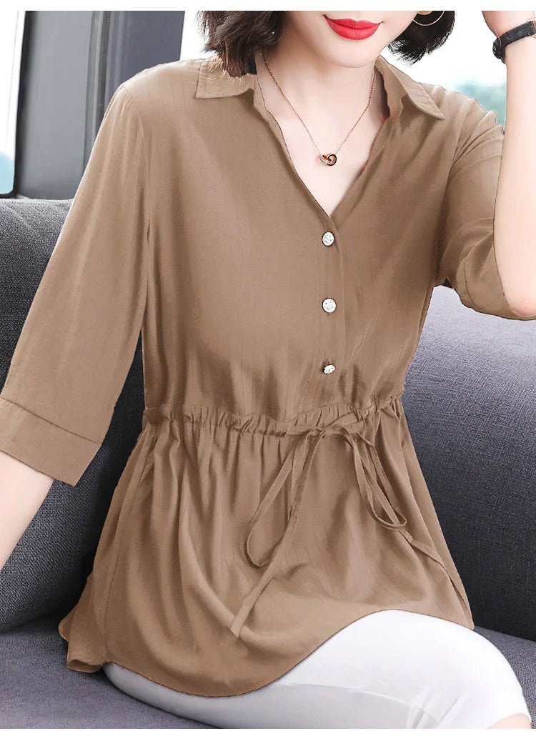 Women’s loose V neck mid-length shirt