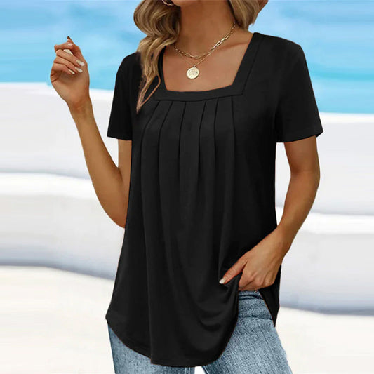 🌸Solid color square neck short sleeve t-shirt - chic and elegant style